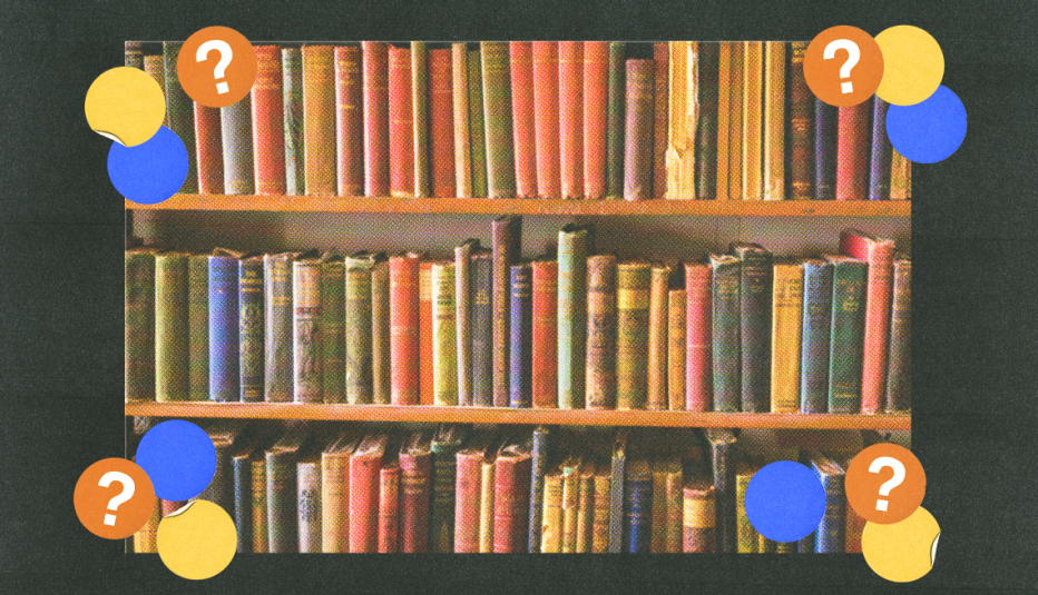 numerous books on three shelves; blue, yellow and orange circles with question marks surround them