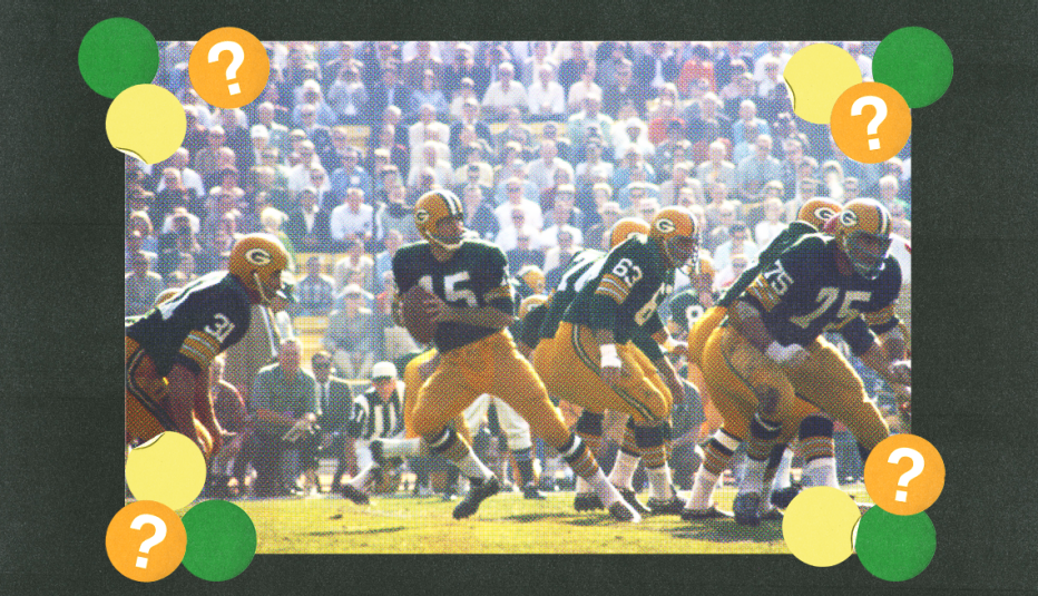 football players in green bay packers uniform on football field; crowd of people in stands; yellow, green and orange circles with question marks surround them
