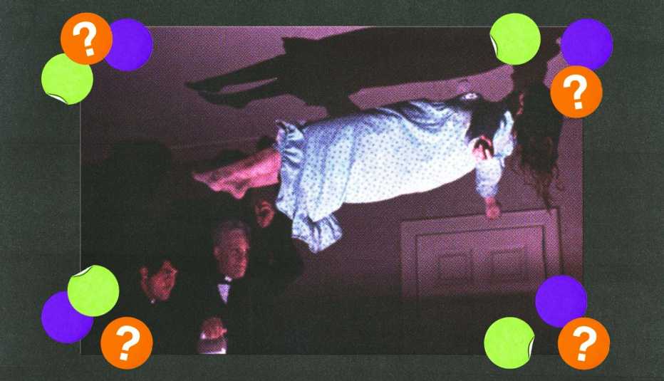 jason miller, max von sydow and linda blair in a still from the exorcist; yellow, purple and orange circles with question marks surround them