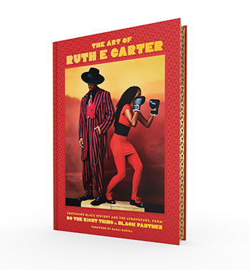 book cover for the art of ruth e. carter: costuming black history and the afrofuture, from ‘do the right thing’ to ‘black panther' with a man in a red and black pinstripe suit and a woman in red and black with boxing gloves
