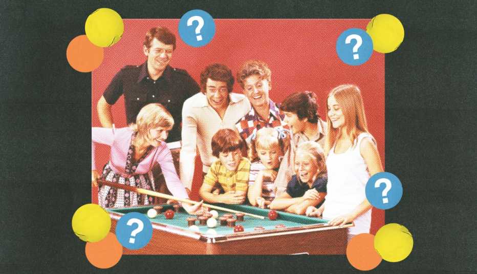 brady bunch cast at a pool table while carol brady holds pool stick, getting ready to hit a ball; yellow, orange and blue circles with question marks surround them; black background