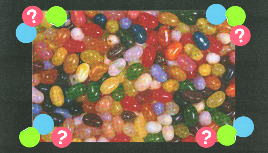 numerous types of jelly beans surrounded by blue, green and pink circles with question marks