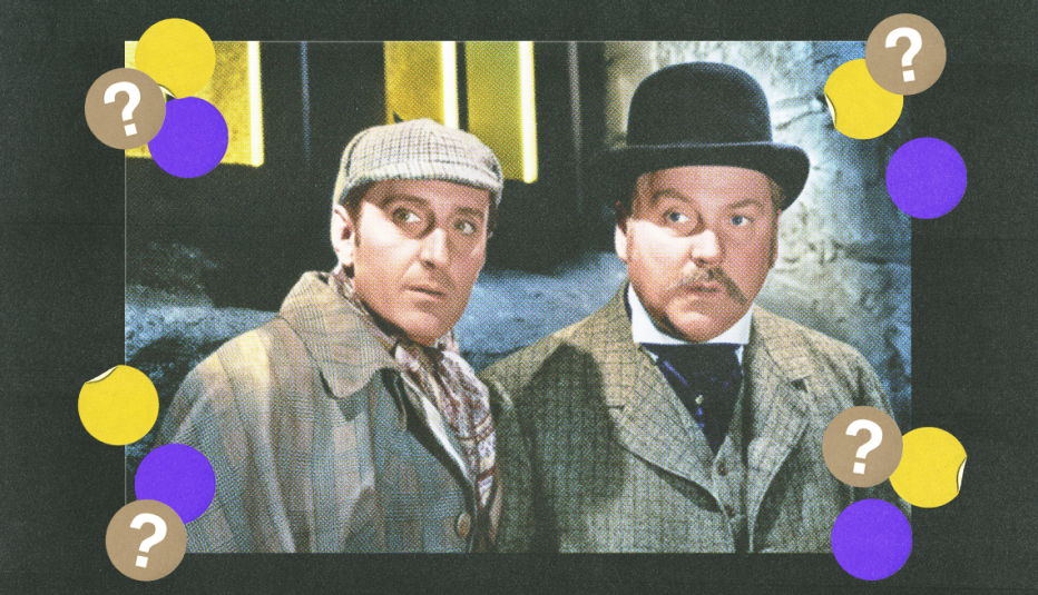 basil rathbone as sherlock holmes and nigel bruce as doctor watson in a still from the adventures of sherlock holmes; surrounded by yellow, purple, and tan circles with question marks