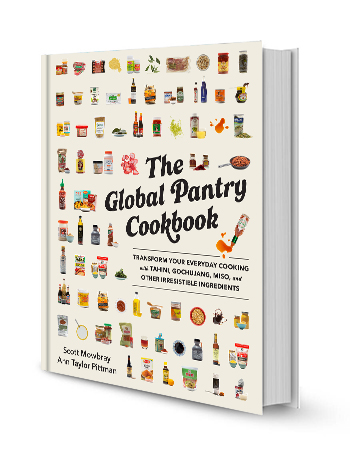 cover of the global pantry cookbook showing rows of ingredients including oils and sauces