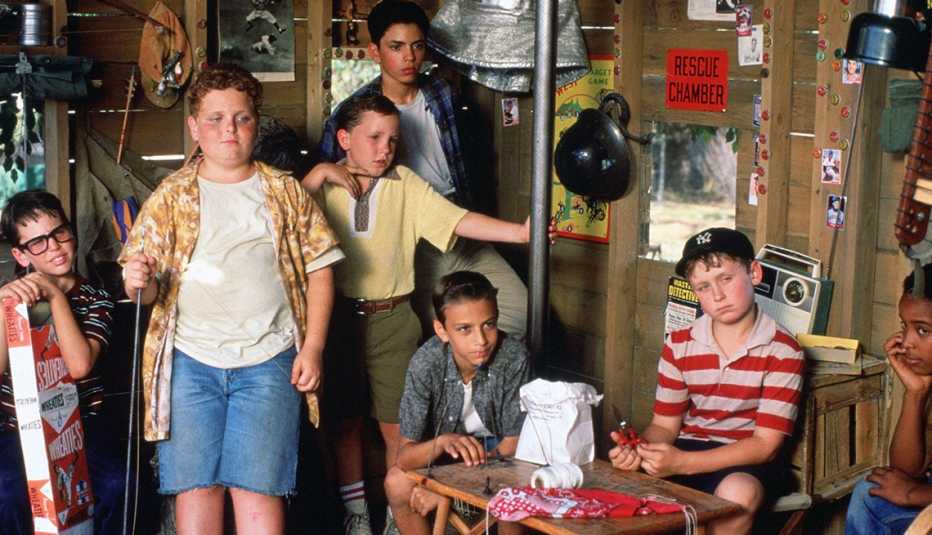 the boys of 'The Sandlot' crew in their clubhouse in a still from the movie