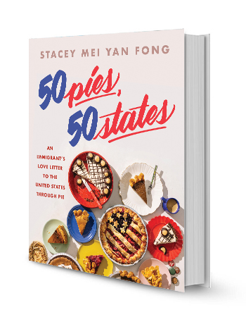 50 pies, 50 states book cover featuring one full pie, one half pie and several different pieces of pie on plates