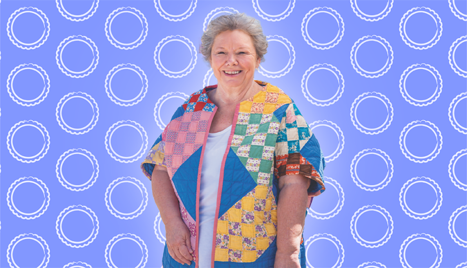 linda skeens against blue background with circles on it