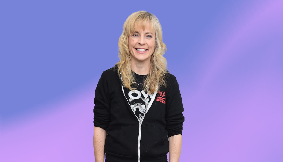 maria bamford against blue and purple ombre background