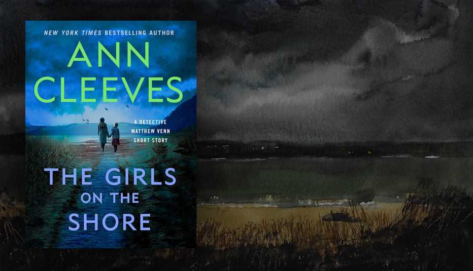 cover of ann cleeves' book the girls on the shore watercolor illustration shows view of ominous sky and water from tall grasses on a beach