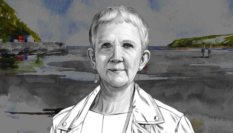 black and white illustration of author ann cleaves overlaid on a watercolor illustration of a beach dotted with tide pools; in the distance are two girls in school uniforms on the right and houses on the left, with headlands on each side