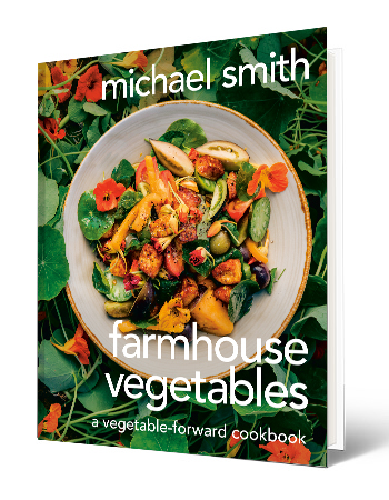 book cover with words Farmhouse Vegetables: A Vegetable-Forward Cookbook; vegetables on dish