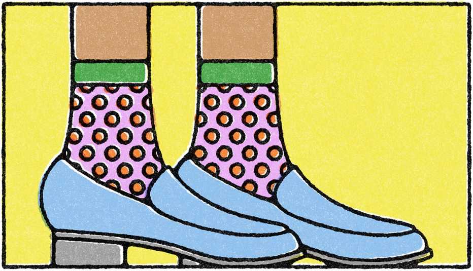 illustration of feet wearing purple socks with orange circles on them and blue shoes