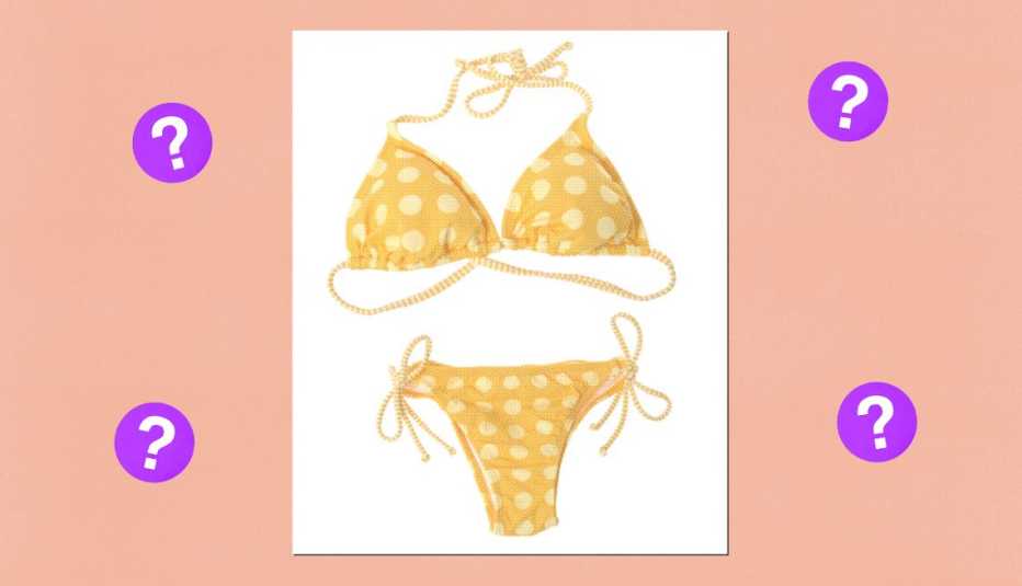 yellow polka dot bikini surrounded by purple circles with question marks in them
