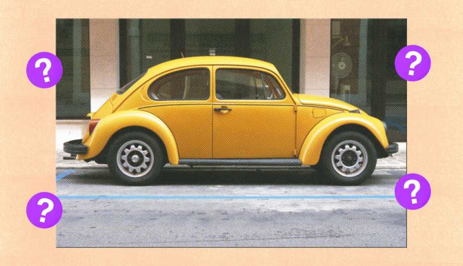 yellow punch bug car surrounded by purple circles with question marks in them
