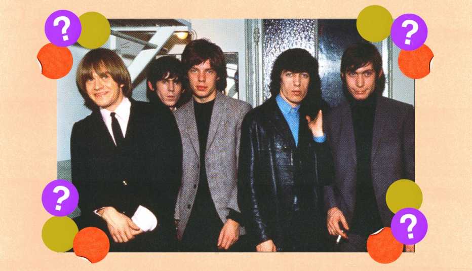 the rolling stones surrounded by gold, orange and purple circles with question marks in them