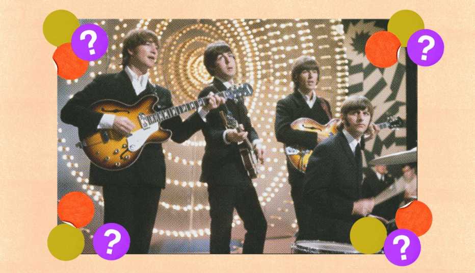 the beatles group surrounded by gold, orange and purple circles with question marks in them