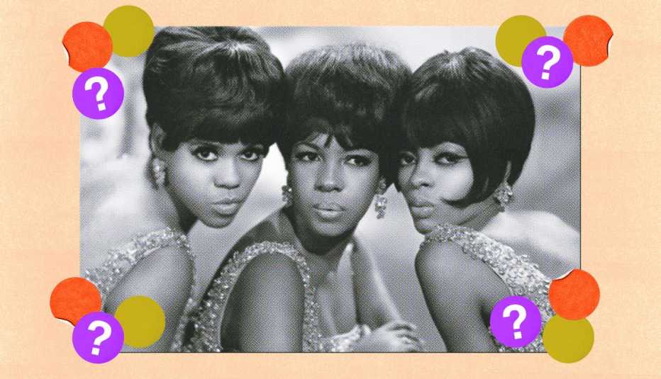 the supremes surrounded by gold, orange and purple circles with question marks in them