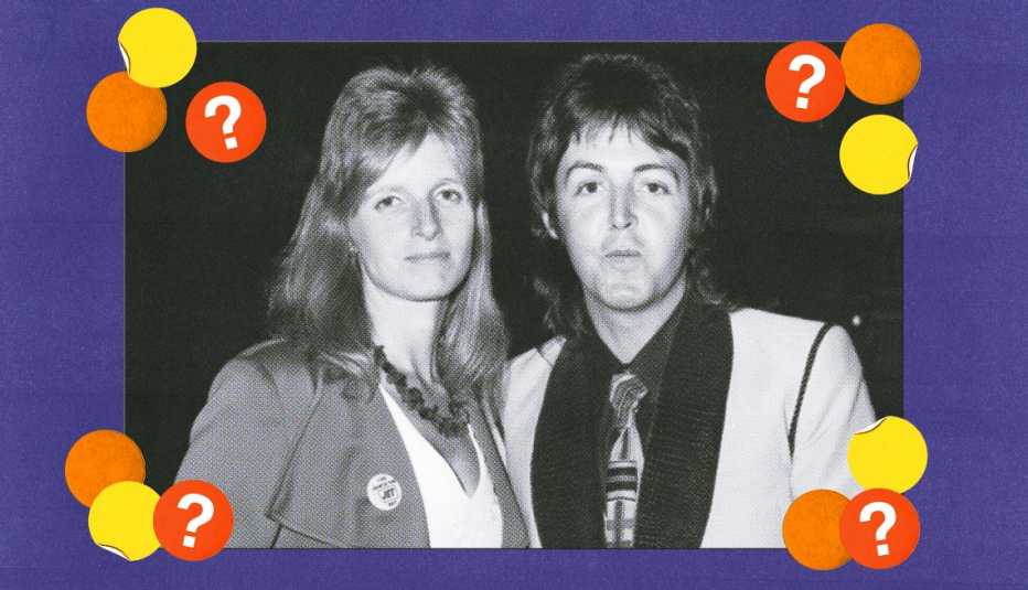 Paul and Linda McCartney, surrounded by orange, yellow and red circles with question marks in them