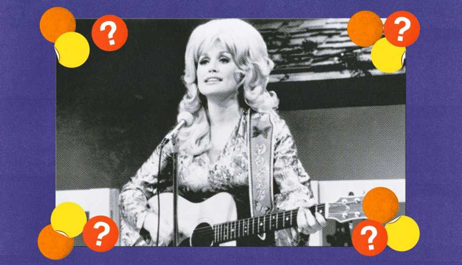 Dolly Parton singing and playing guitar, surrounded by orange, yellow and red circles with question marks in them