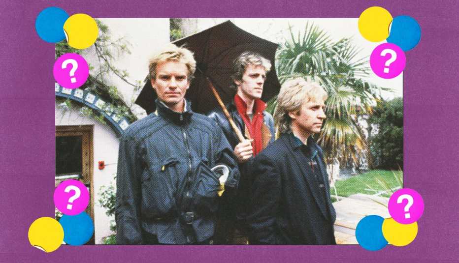 Members of the rock band The Police standing outside; one member holding umbrella; surrounded by yellow, blue and purple circles with question marks in them on purple background