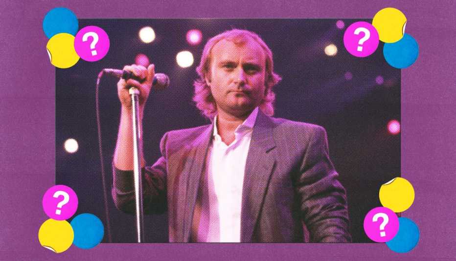Phil Collins holding microphone; surrounded by yellow, blue and purple circles with question marks in them on purple background