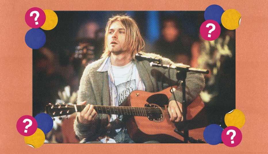 Kurt Cobain playing guitar behind microphone; surrounded by blue, yellow and pink circles with question marks in them