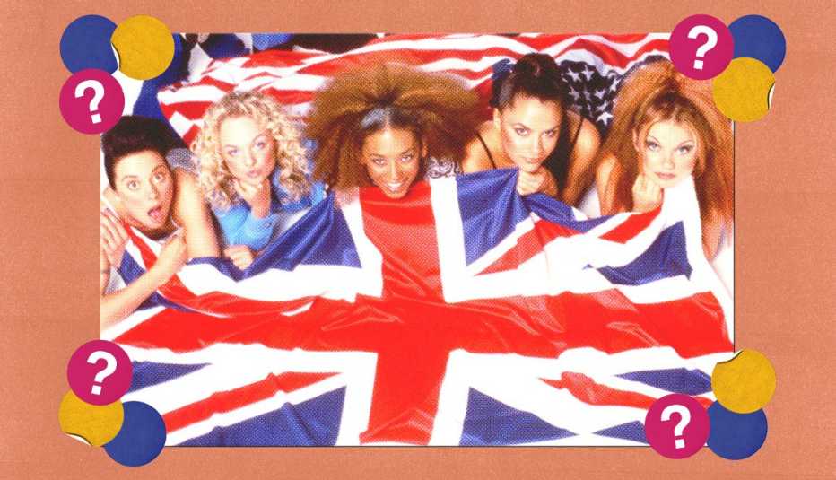 Sporty, Baby, Scary, Posh and Ginger Spice lying down with American Flag behind them and United Kingdom Flag in front of them