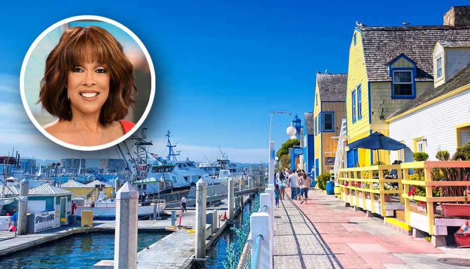 Colorful buildings and docked boats at Marina del Rey harbor in Los Angeles with inset headshot of  Gayle King