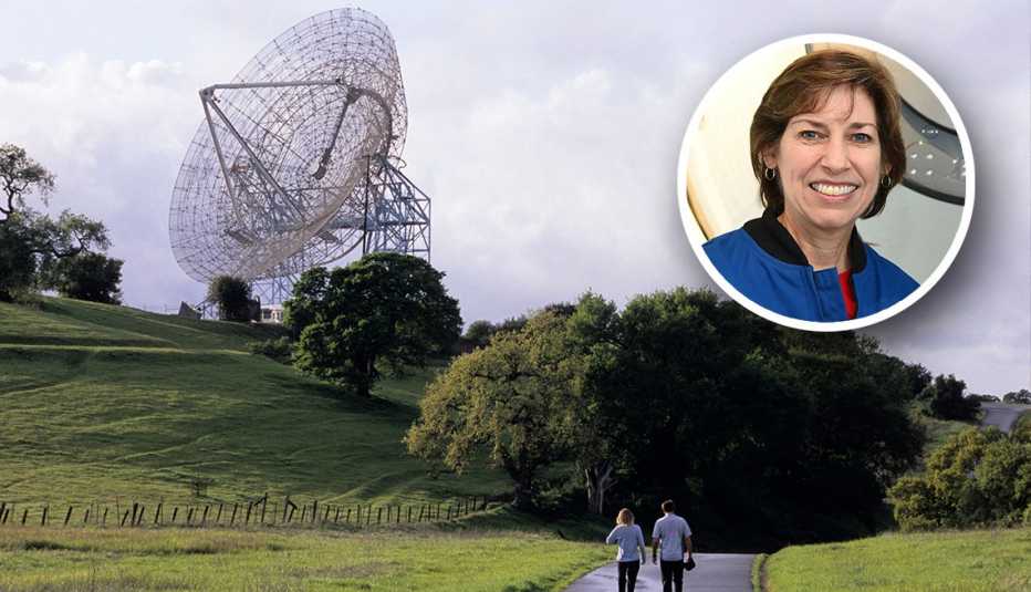 two people walk along the loop surrounding the Stanford Dish in Stanford, California, with inset headshot of Ellen Ochoa