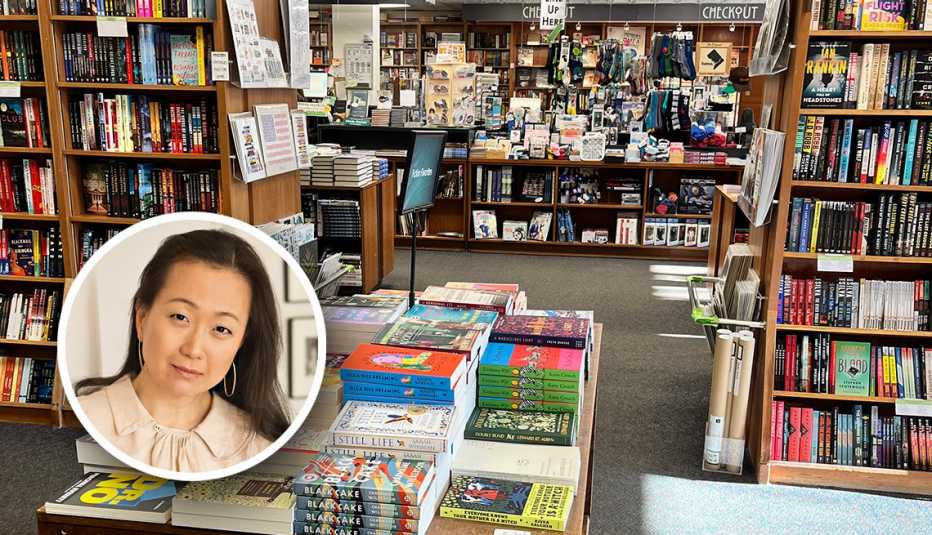 Politics and Prose Bookstore's shelves brimming with books, and inset headshot of Min Jin Lee 