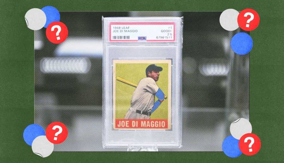 Baseball card featuring Joe DiMaggio in plastic cover; surrounded by white, blue and red circles with question marks in them