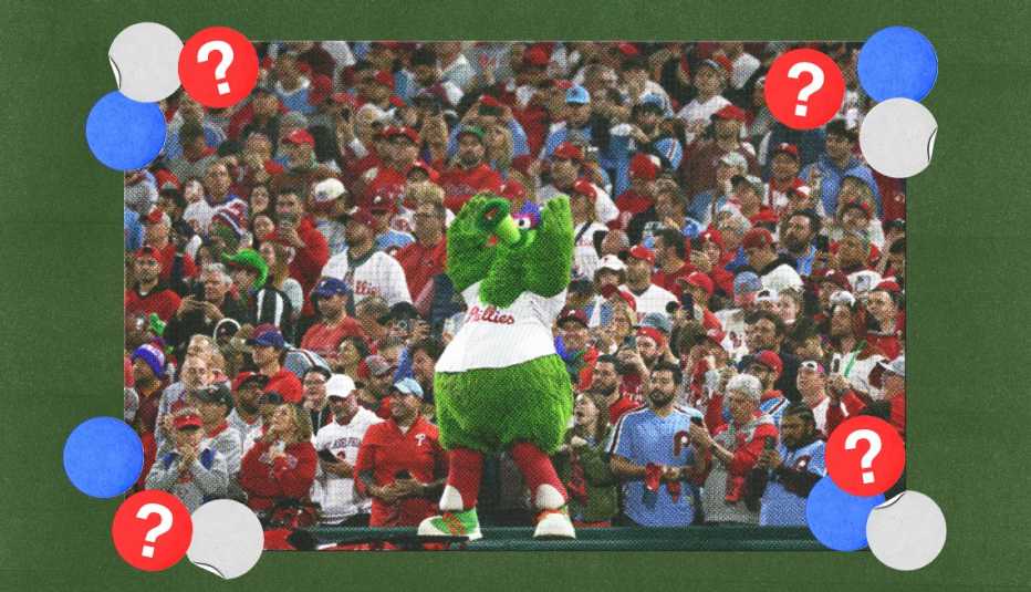 Philadelphia Phillies mascot standing on wall with crowd in stands behind it; surrounded by white, blue and red circles with question marks in them