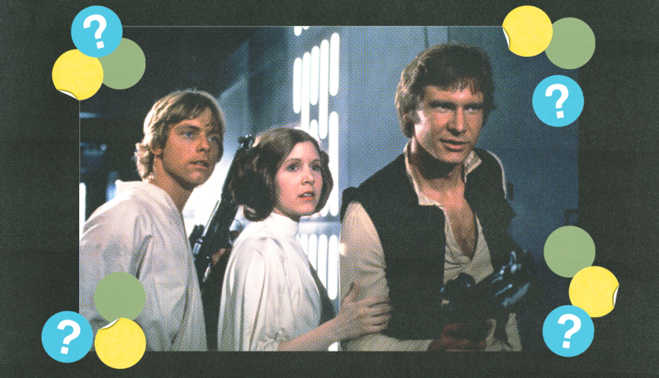 mark hamill as luke skywalker, carrie fisher as princess leia and harrison ford as han solo in a still from star wars; yellow, green and blue circles with question marks surround them