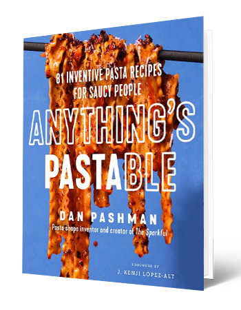 book cover that says anything's pastable, dan pashman, with meat hanging from a rack
