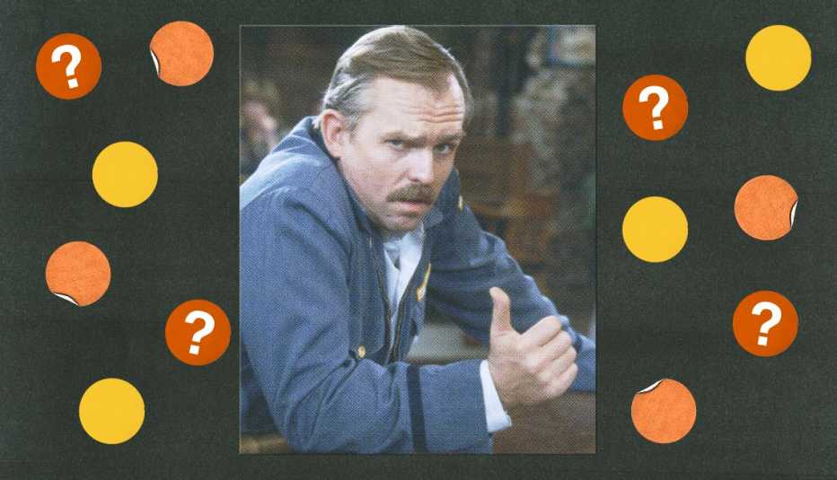 john ratzenberger as cliff clavin in a still from cheers; surrounded by yellow, orange and red circles with question marks