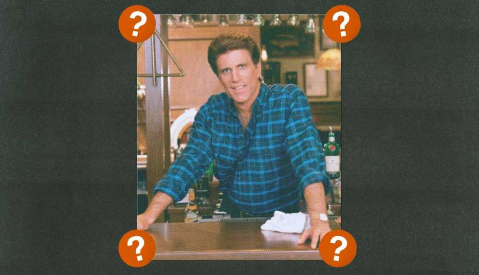 ted danson as sam on cheers; surrounded by red circles with question marks in them
