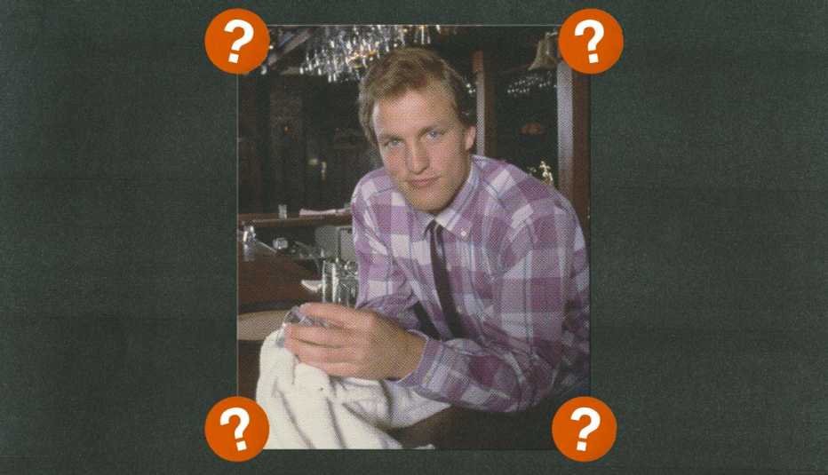 woody harrelson as woody on cheers; surrounded by red circles with question marks in them