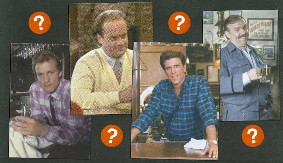 woody, frasier, sam, cliff from cheers; surrounded by red circles with question marks in them
