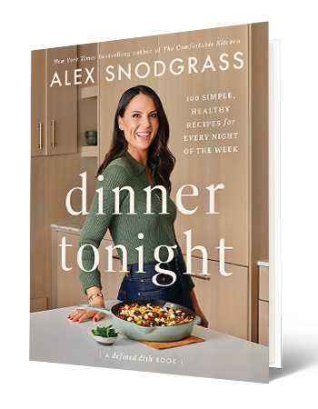 book cover that says alex snodgrass, dinner tonight, with alex on cover next to pan of food
