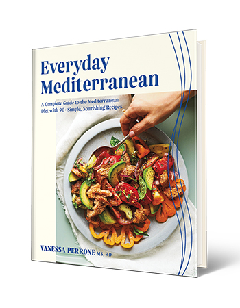Book cover that says Everyday Mediterranean, Vanessa Perrone MS, RD; plate of food on cover