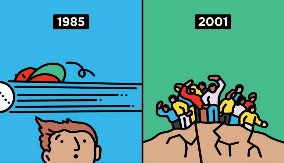 Illustration of man looking up at baseball flying over head and year 1985 on left; illustration of people standing on cracked cliffs and year 2001 on right