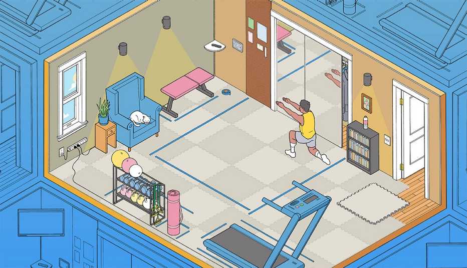 illustration of person exercising in room with bookcase, chair with cat on it, end table, plant, treadmill, weight rack and workout bench