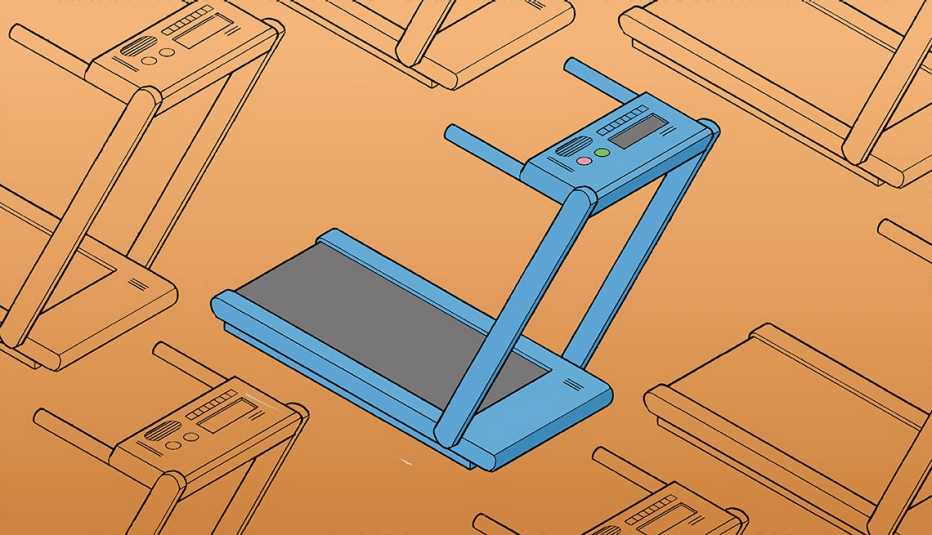 illustration of outlines of treadmills against orange background with blue and gray treadmill in center