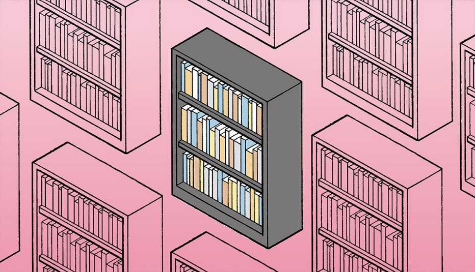 illustration of outlines of bookcases against pink background, gray bookcase with books on it in center