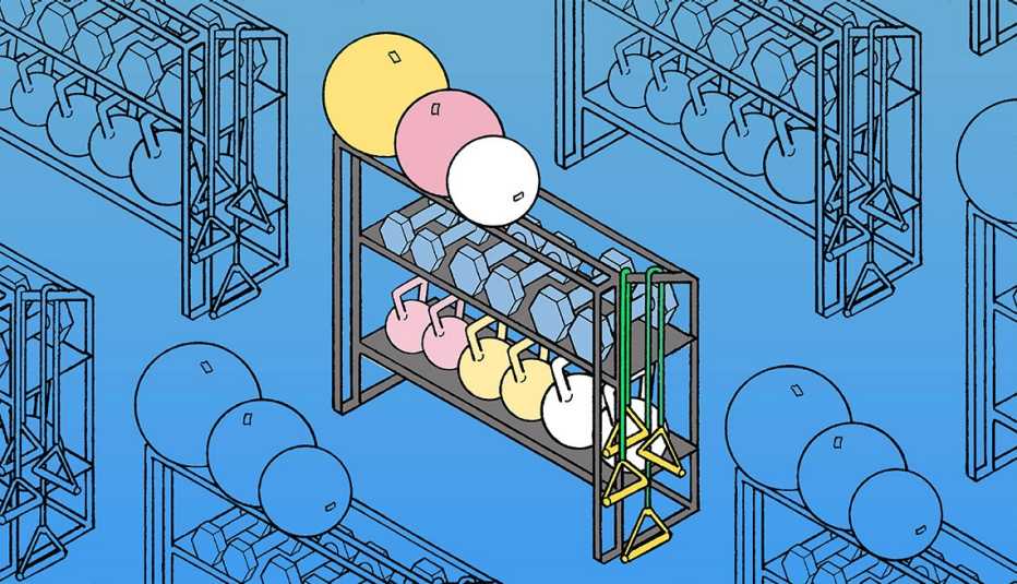 illustration of outlines of weight racks against blue background, weight rack holding medicine balls, dumbbells and kettlebells in center