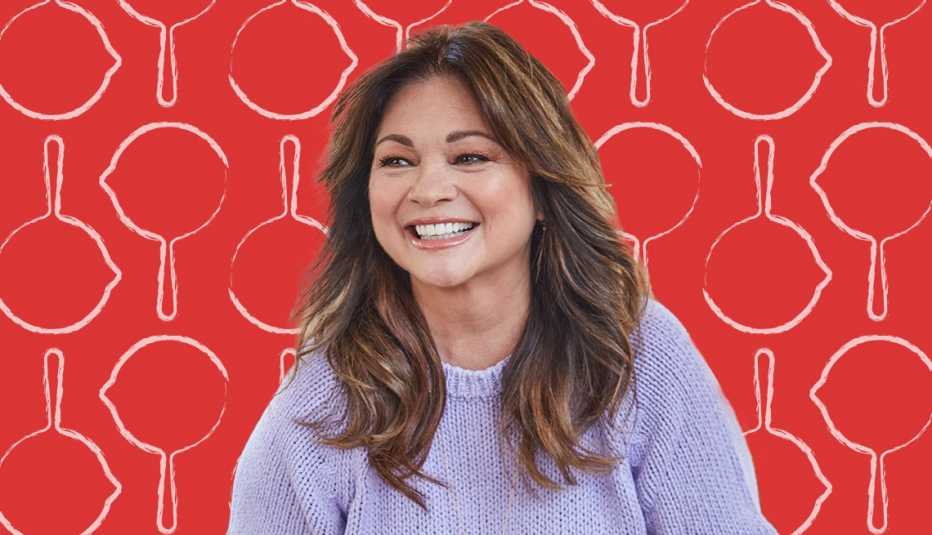 Valerie Bertinelli against red background with outlines of pans on it