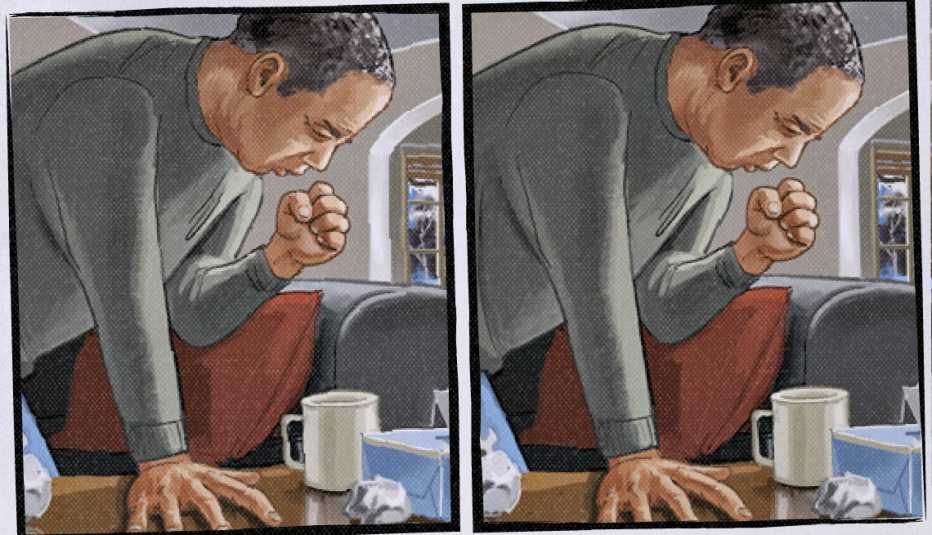 two side-by-side illustrations of man coughing and bending over with hand on table