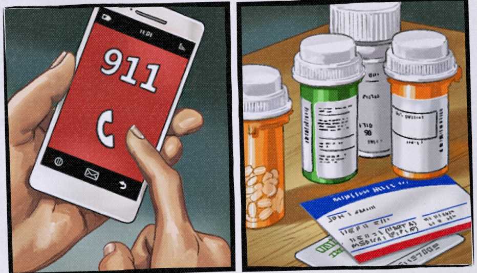 two side-by-side illustrations; hand dialing 911 in left image; bottles of pills and medical cards in right image