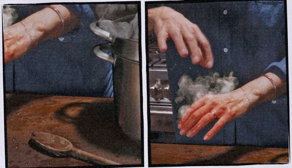 two side-by-side images; left shows spoon on table and part of steaming pot; right shows steam on a hand