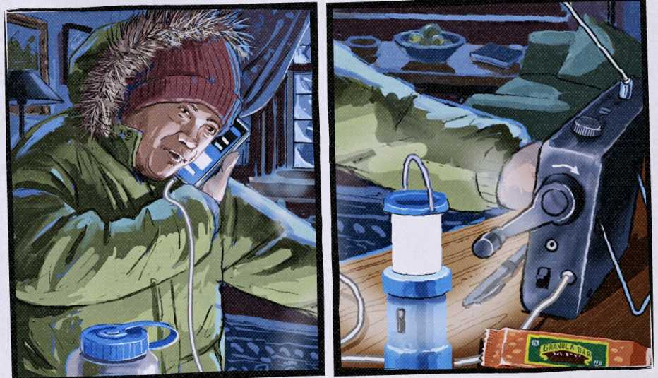 two side-by-side illustrations; left is person on phone bundled up wearing coat and hat in dark house; right shows battery powered lamp